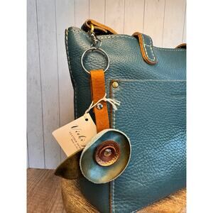 Genuine Leather Purse Charm Blue Gold Brown Keychain Bag Charm Womens Accessory